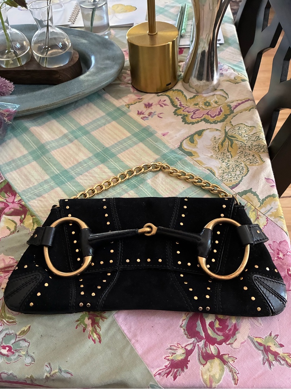 Authentic Tom Ford Gucci HorseBit Black Suede Shoulder Clutch w Gold Hardware
